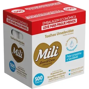 MILI Mili Toalhas Umedecidas Love & Care Premium, Uso Bebê, Aloe Vera e Calêndula, Pack com 10 Pacotes (48 Unidades cada) 